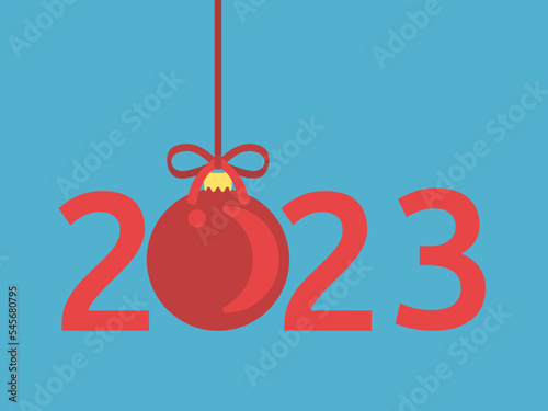 2023 text with red Christmas ball on blue. New Year, holiday and celebration concept. Flat design. Vector illustration. No gradients, no transparency