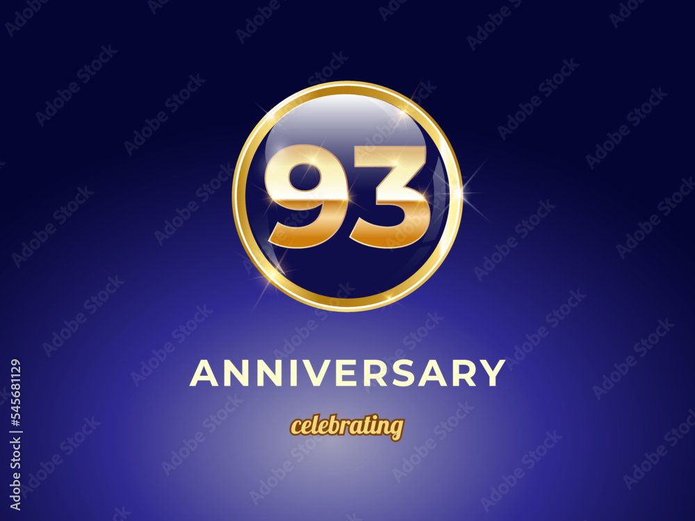 Vector graphic of 93 years golden anniversary logo with round blue glossy button with gold ring frame on dark blue gradient background. Good design for Congratulation celebration event, birthday, etc. Vector graphic of 93 years golden anniversary logo with round blue glossy button with gold ring frame on dark blue gradient background. Good design for Congratulation celebration event, birthday, etc.