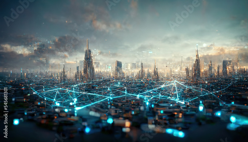 Fotografia The concept of high-speed internet connection visualized as glowing cable webs sending digital data over spectacular futuristic cyberpunk cityscape with skyscrapers