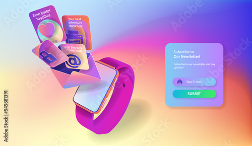 A web banner with a smart watch and an envelope with flying icons and a subscribe button