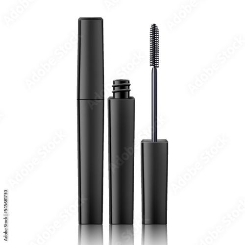 Mascara tube and a wand applicator. Cosmetic black bottle with eyelash brush. Isolated on white background. Realistic vector for web design, banners, posters, ad, advertising.