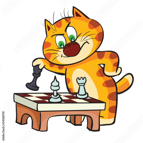 smart ginger cat plays big chess and frowns his eyebrows cutely, cartoon illustration, isolated object on white background, vector,