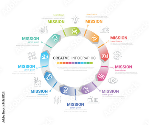 circle Infographic elements design with 9 options or steps. Infographics for business concept. Can be used for presentations banner, workflow layout, process diagram, flow chart, info graph