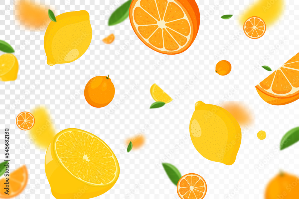 Citrus background. Flying Lemon and orange with green leaf on ...