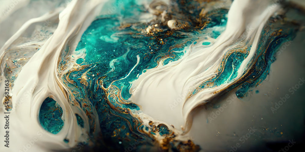 Fototapeta premium Spectacular image of teal and white liquid ink churning together, with a realistic texture and great quality for abstract concept. Digital art 3D illustration.