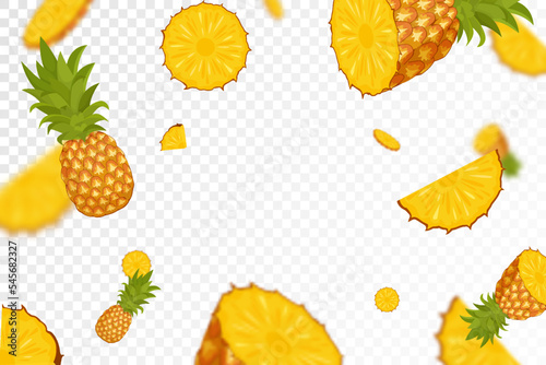 Fototapeta Naklejka Na Ścianę i Meble -  Flying pineapples, seamless pattern background with a whole and sliced pineapple fruits. Falling pineapples with blurred effect, realistic 3d vector illustration, isolated on transparent background