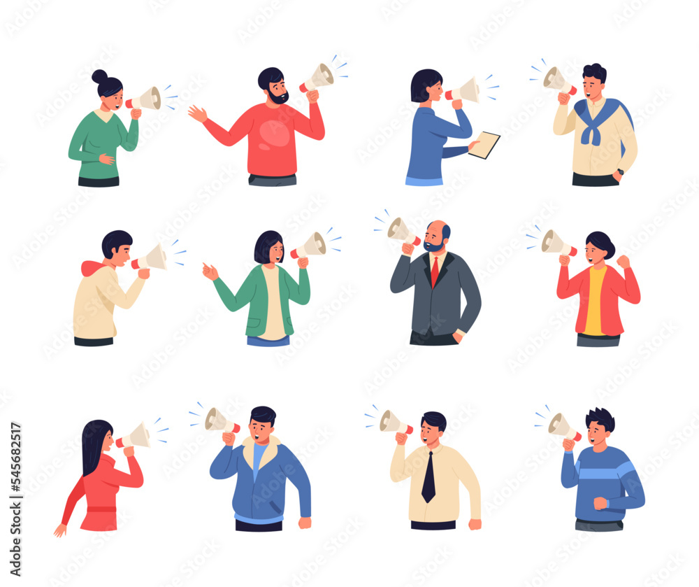 People with megaphone. Abstract man woman characters with loudspeaker flat cartoon style, person shouting loud. Vector colorful collection