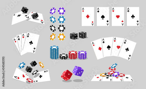 Casino cards and chips. Playing accessories for poker tournament flat cartoon style, gambling game coins dices in different angles. Vector isolated set