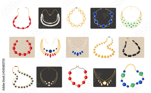 Women necklace beads. Cartoon woman jewelry accessories, fashion precious gold chain gemstones pearl diamond emerald pendant. Vector set