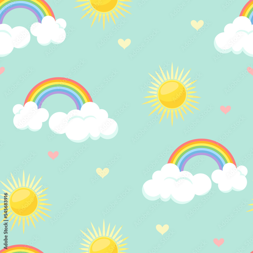 Childish seamless pattern with cute cartoon rainbow, clouds, sun and hearts. Vector baby background. Childish seamless pattern with cute cartoon rainbow, clouds, sun and hearts. Vector baby background.