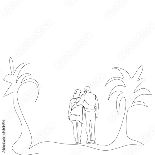 Back view of adult couple are walking together in single line drawing style. Adult woman hug your boyfriend's waist in the park. Vector illustration flat continue line concept for Valentine’s Day.