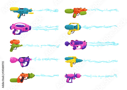 Water gun shot. Modern plastic toy weapon with wet spray for children fight games cartoon style, flat colorful waterguns with liquid splashes. Vector set