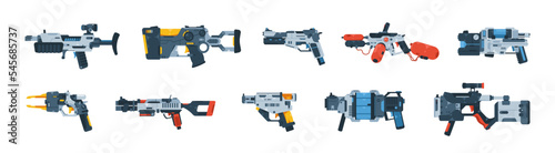 Cartoon futuristic game gun. Comic retro alien space blasters laser weapons pistol gadget, abstract ufo fiction handgun for kids. Vector collection
