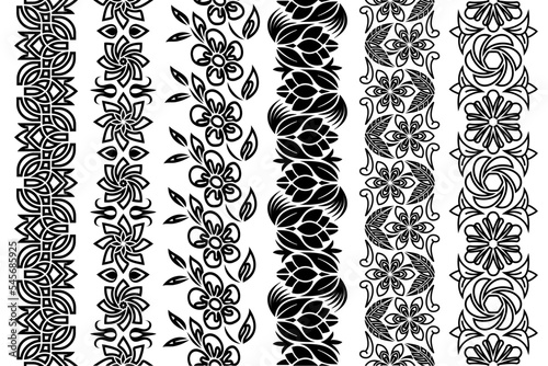 Black and white lace trim set. Collection of ornate floral borders. Seamless ornamental arabesque design elements. Seamless repeating patterns for your designs.