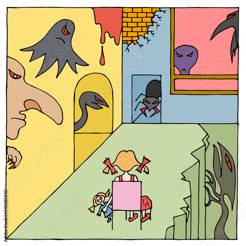 A little girl with her favorite doll is sitting on a chair in the middle of the room, around the girl are many different ugly monsters. The concept of children's fears, nightmares. Freehand drawing.