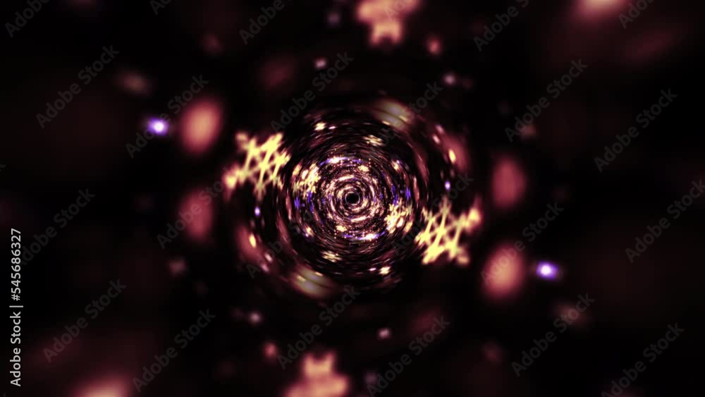 Abstract loop center radial  fantasy glow golden bokeh particles light tunnel. Abstract background for VJ disco music. 4K 3D seamless loop psychedelic kaleidoscope with bokeh light moving and rotating