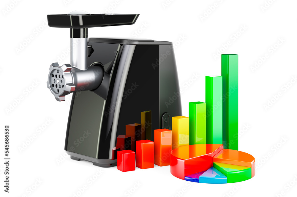 Meat grinder with growth bar graph and pie chart, 3D rendering Meat grinder with growth bar graph and pie chart, 3D rendering