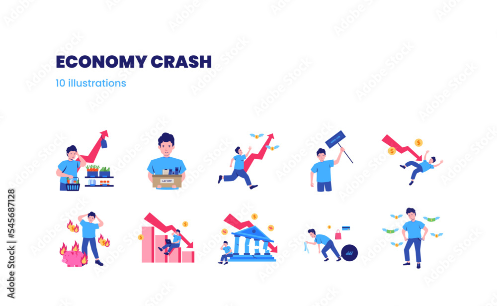 Economy crash crisis depression illustration set downtrend bankrupt inflation lay off debt Economy crash crisis depression illustration set downtrend bankrupt inflation lay off debt