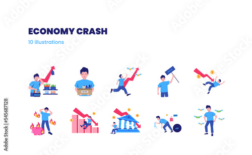Economy crash crisis depression illustration set downtrend bankrupt inflation lay off debt
