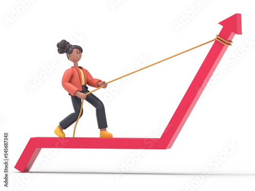 3D illustration of smiling african american woman Coco pulling arrow graph chart up with a rope. Artwork depicts gain, profit, boost, and reward.3D rendering on white background. 