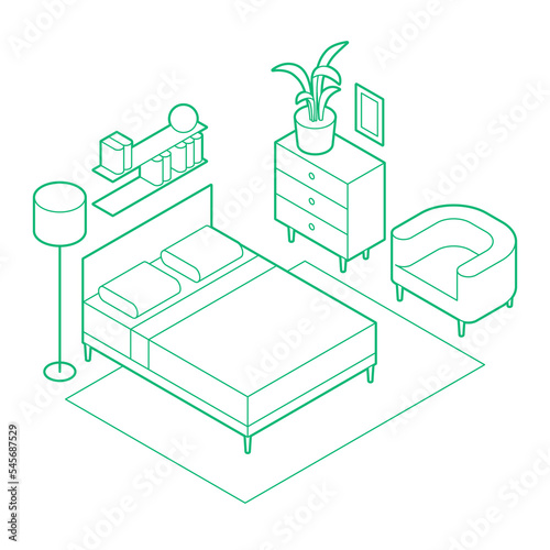 Isometric Bedroom Outline Illustration