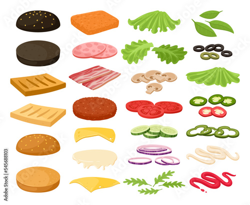 Burger ingredients, veggies, bun and meat patty. Cartoon fast food, burger and sandwich constructor, grilled meat, sliced veggies and sauce flat vector illustration set. Ingredients for burger