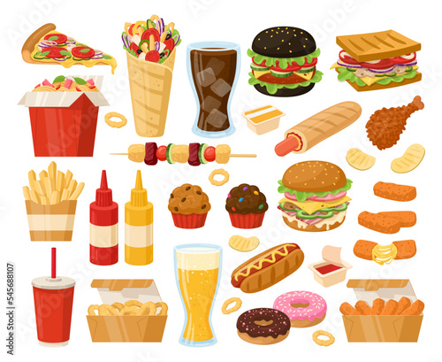 Cartoon junk fast food, pizza, shawarma, hamburger and french fries. Takeaway restaurant food, fried chicken, hot dog and waffles flat vector illustration collection. Junk snacks and drinks set