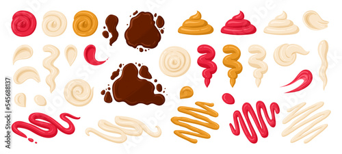 Sauce stains, mayo, ketchup and mustard dip. Cartoon sauce splash, fast food dressing, yellow cheese and barbeque sauce flat vector illustration set. Junk food dressing sauces