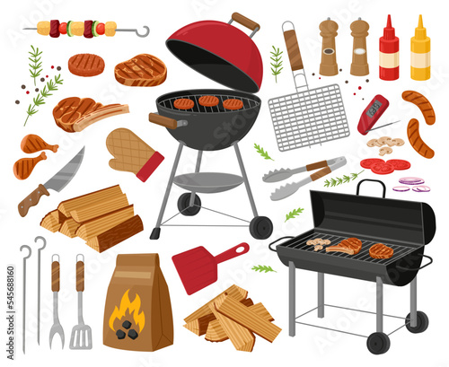 Cartoon bbq grill, roasted meat and vegetables. Barbecue party elements, grilled steak, sausages and bbq cooking tools flat vector illustration set. BBQ picnic collection