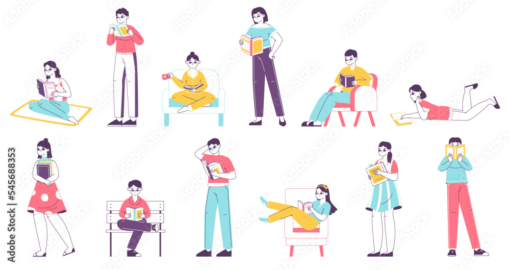 Reading people, book lovers and literature fans. Man and woman read books, studying characters flat vector illustration set. Book readers collection
