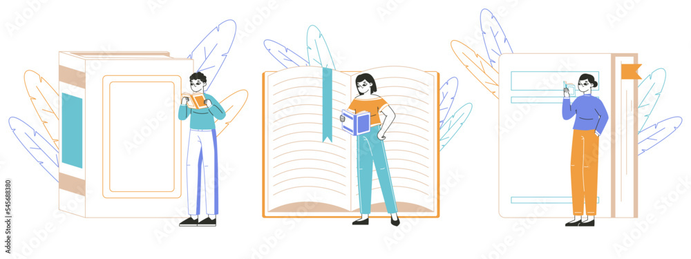 People reading literature, book lovers characters. Studying man and woman reading huge books flat vector illustration. Classic literature fans