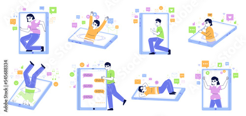 People addicted to gadgets, social media addiction. Smartphone, laptop and tablet addiction, day-and-night internet surfing flat vector illustration set. Gadget addiction concept collection