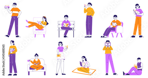 People read books, literature fans reading. Studying characters with books, reading hobby and education flat vector illustration set. Book lovers collection