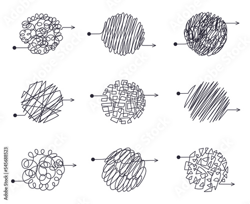 Chaotic mindset scribbles, doodle maze lines. Confused mind freehand scribbles, messy complicated thought process flat vector illustration set. Round chaos maze lines