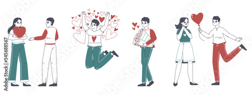 Cheerful romantic people in love sharing and giving hearts. Love sharing, valentines day love letters, men and women giving hearts flat vector illustrations on white background