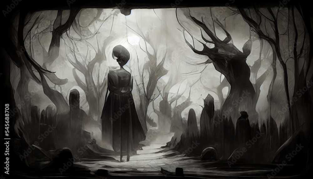 illustration of person walking alone in the dark. Modern digital illustration.
