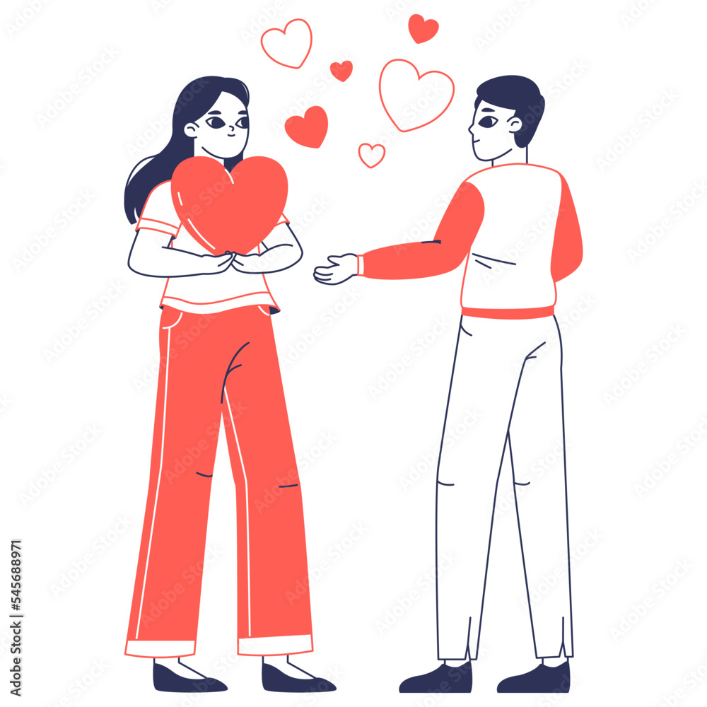 Men and women carrying and giving hearts. People sharing love and care, love messages isolated flat vector illustration on white background. Valentines day scene