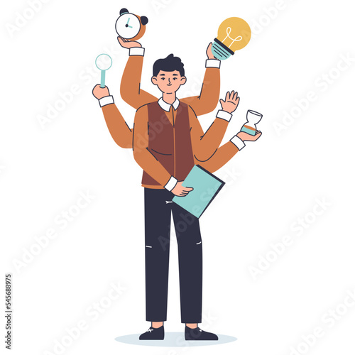 Multitasking productive businessman, busy office worker. Businessman with many hands flat vector illustration on white background. Juggle multitasking employee doing many things