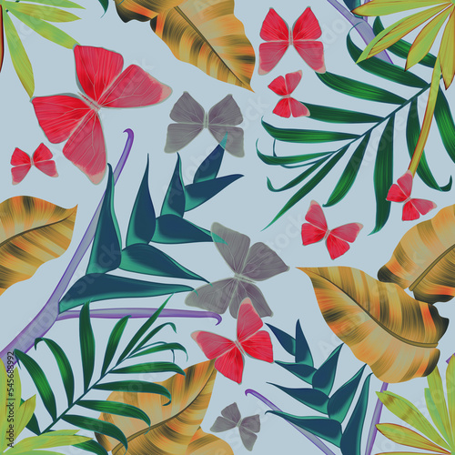 Seamless pattern with butterflies and Tropical flowers and leaves. Stylish trendy fashion floral pattern (ID: 545688992)
