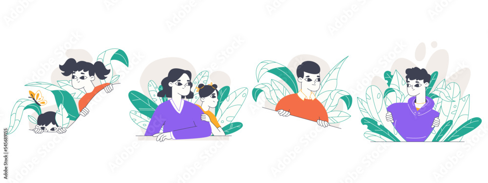 Fototapeta premium Spying, peeping people, curious searching characters. Men and women secretly looking out from bushes, searching observing people isolated flat vector illustration on white background