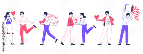 Romantic people in love sharing and giving hearts. Love sharing, valentines day love letters, men and women giving hearts isolated flat vector illustrations on white background
