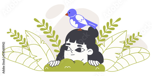 Spying cute girl, peeping curious child with bird. Girl looking out from bushes, searching female character isolated flat vector illustration on white background