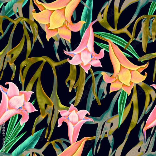 Colourful Seamless Pattern with tropic flowers and leaves. Hi quality fashion design. Fresh and unique botanical background (ID: 545689172)