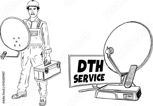 A young man holds a TV satellite dish vector and illustration in his hand, and a cable TV operator holds a dish antenna sketch drawing in his hand. clipart and symbol of satellite antenna dish 