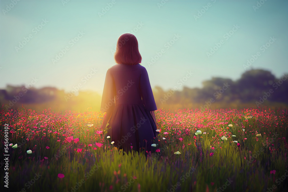 silhouette of girl in flower field. Modern digital illustration.