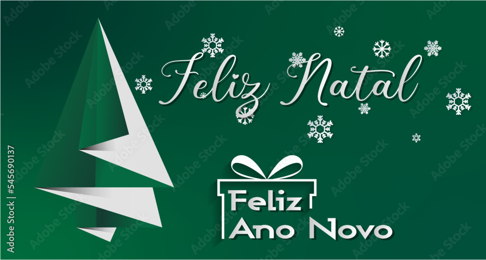 cartão ou banner para desejar um feliz natal e um feliz ano novo em branco sobre um fundo verde com um presente de flocos de neve e um abeto verde e branco