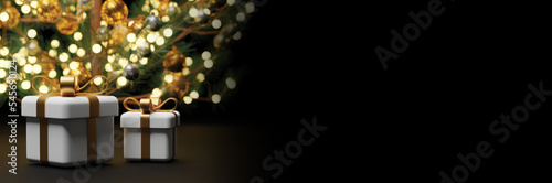 Christmas banner design of gift box and pine tree with bokeh light background 3D render