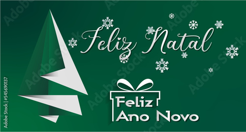 cartão ou banner para desejar um feliz natal e um feliz ano novo em branco sobre um fundo verde com um presente de flocos de neve e um abeto verde e branco