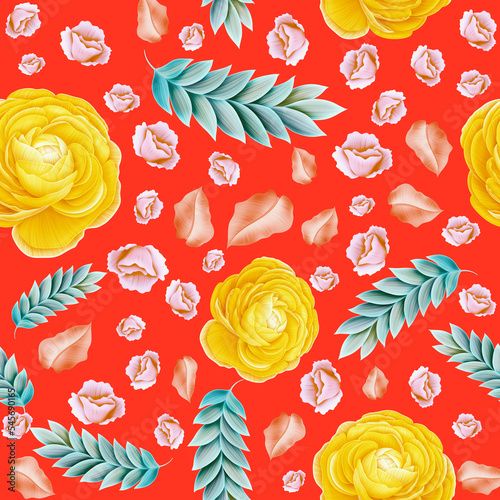 Colourful Seamless Pattern with tropic flowers and leaves. Hi quality fashion design. Fresh and unique botanical background (ID: 545690165)