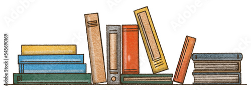 Stacks of books for reading, pile of textbooks for education. Set of literature, dictionaries, encyclopedias, planners with bookmarks. 
